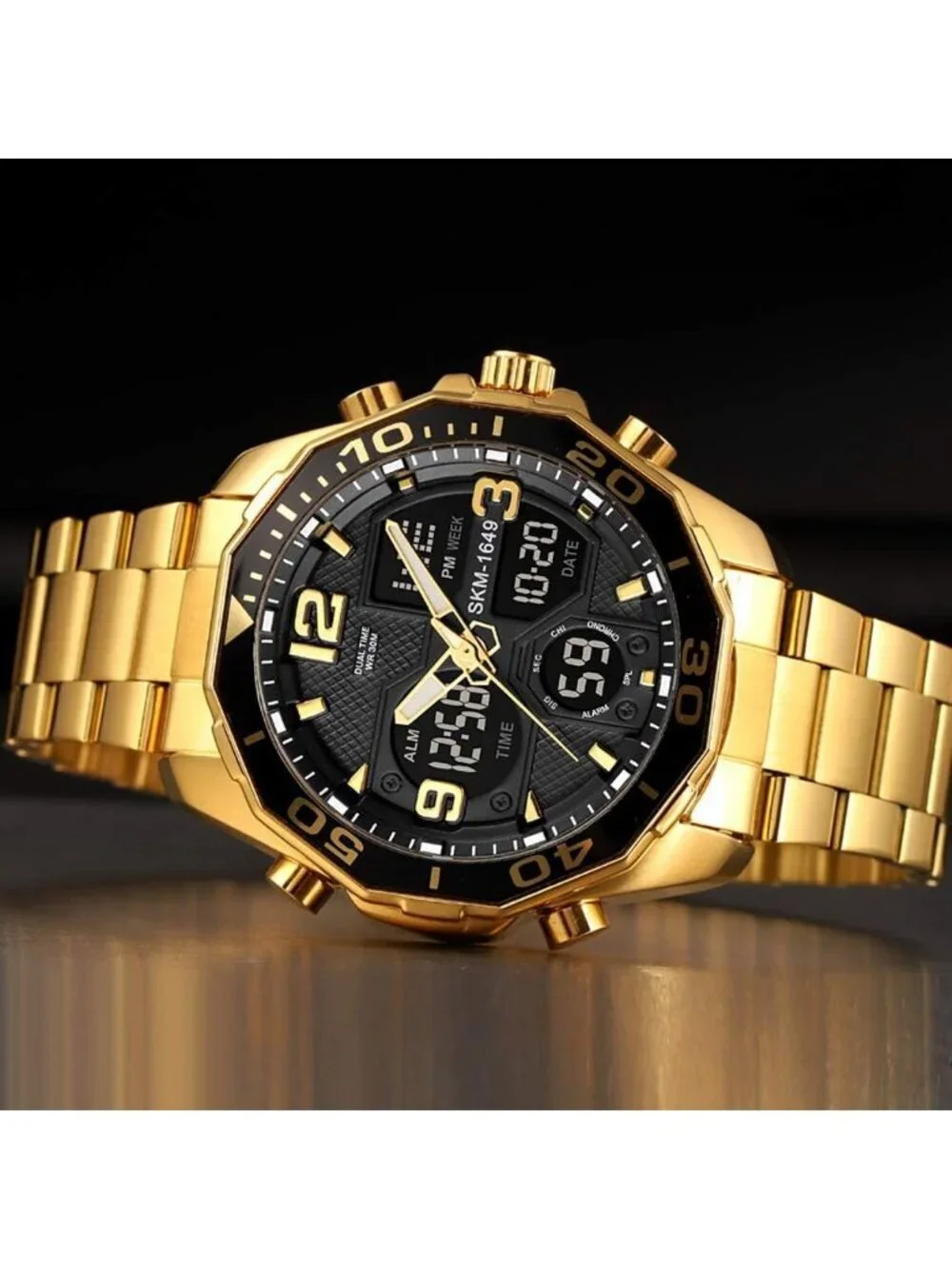 Mens Gold Analog Multi Times Military Stainless Steel Chronograph Digital Watch